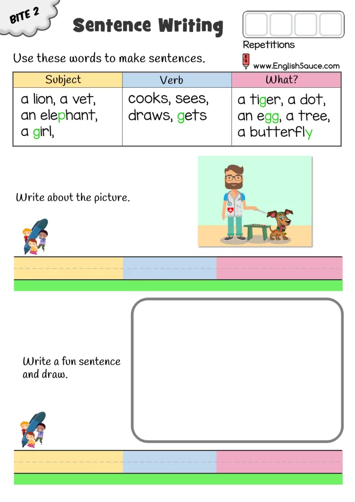 Kindergarten ESL simple sentence building worksheet for beginners using subject verb object sentence structure to describe a vet picture.