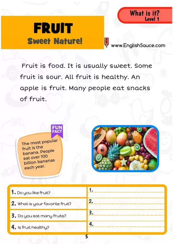 Science of Reading aligned guided reading worksheet about fruit for basics ESL and 1st grade students.