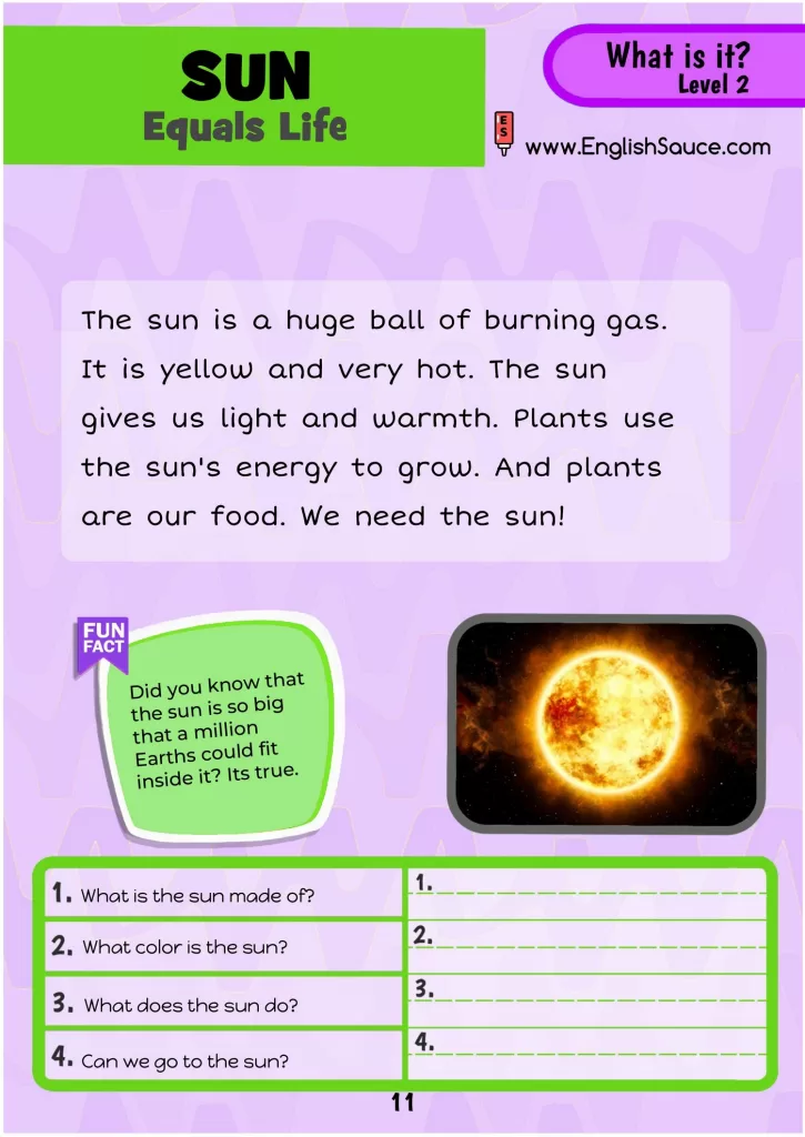 Guided reading comprehension English ESL worksheet. A science of reading aligned printable for A2 homeschool, ESL students and First grade students.