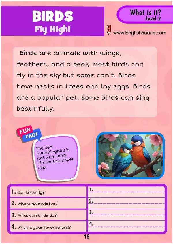 Science of Reading aligned guided reading worksheet about birds for basics ESL and 1st grade students.