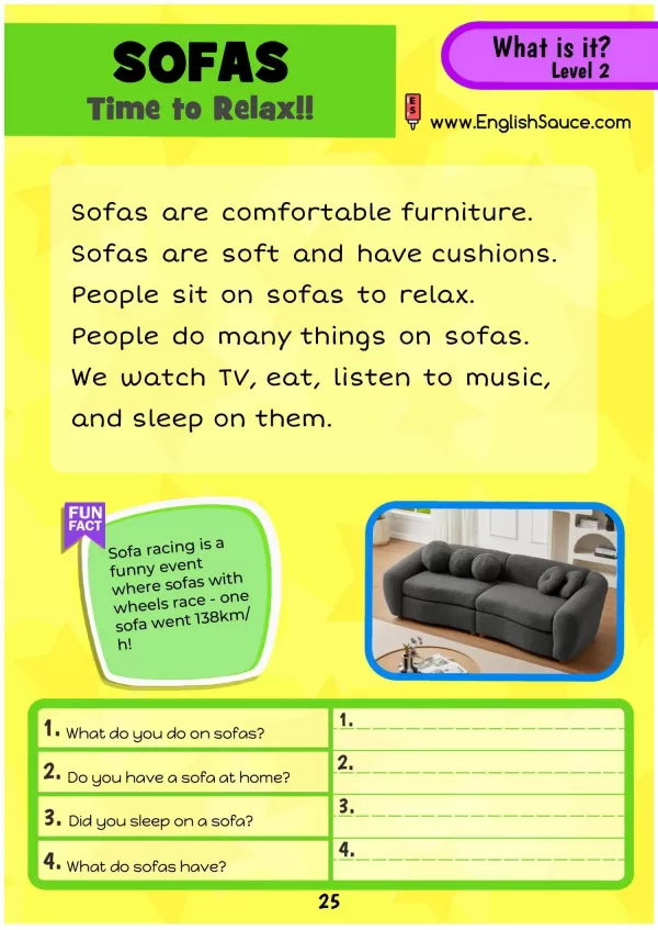 Science of Reading aligned guided reading worksheet about sofas for basics ESL and 1st grade students.