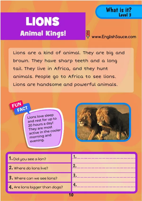Science of Reading aligned guided reading worksheet about lions for basics ESL and 1st-2nd grade students.