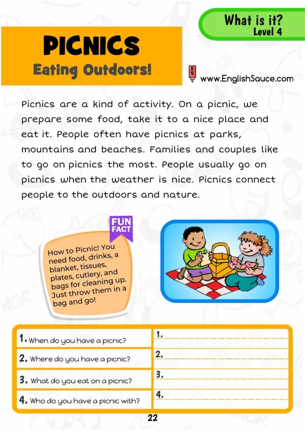 Guided reading comprehension English ESL worksheet. A science of reading aligned printable for A2 homeschool, ESL students and second/third grade students.