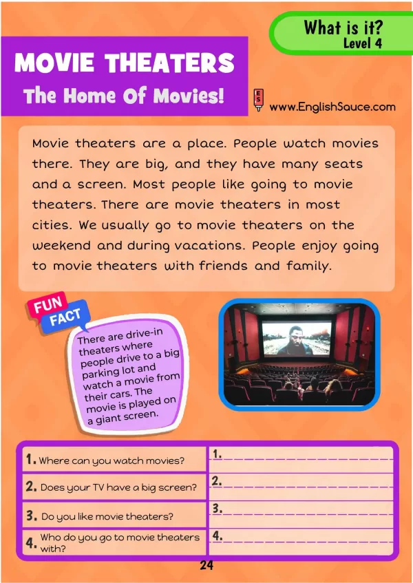 Science of Reading aligned guided reading worksheet about movie theaters for basics ESL and 2nd-third grade students.