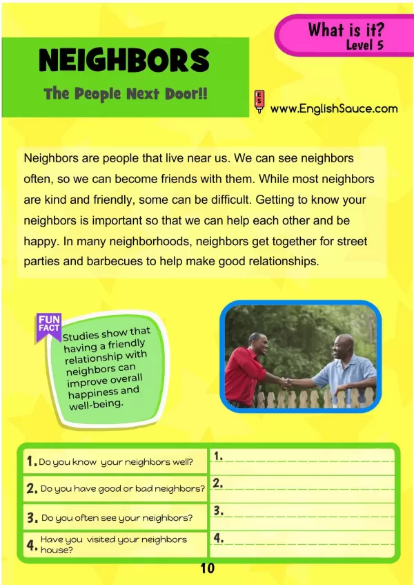 Science of Reading aligned guided reading worksheet about neighbors for intermediate ESL and 3rd-4th grade students.