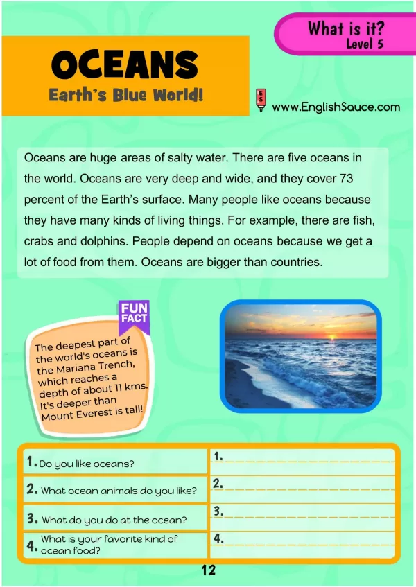Guided reading comprehension English ESL worksheet about oceans. A science of reading aligned printable for A3 homeschool, ESL students and third/forth grade students.
