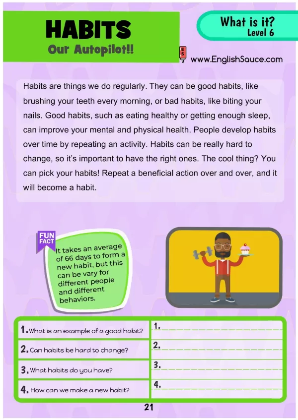 Science of Reading aligned guided reading worksheet about habits for intermediate ESL and 4th-5th grade students.