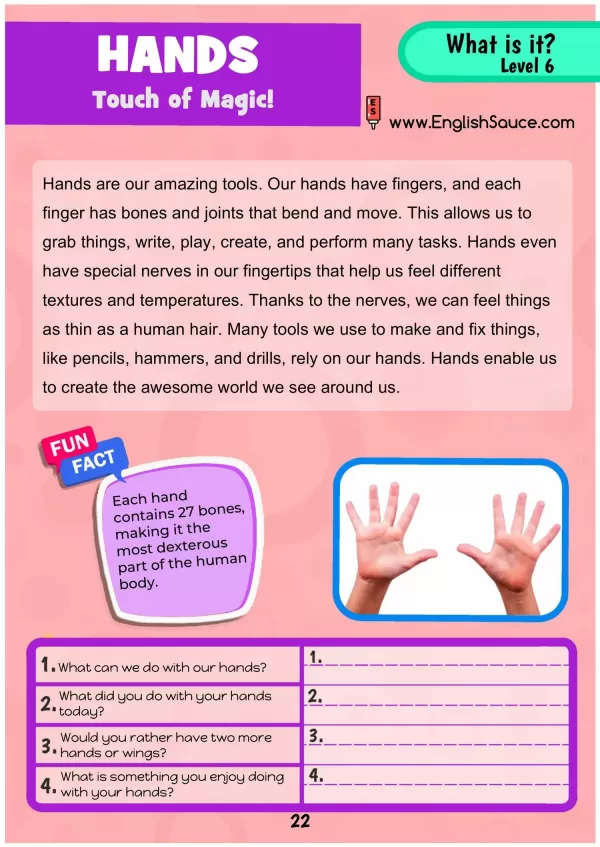 Science of Reading aligned guided reading worksheet about hands for intermediate ESL and 5th-6th grade students.