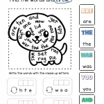 Kindergarten and beginner ESL CVC sight words word search worksheet with dog background.