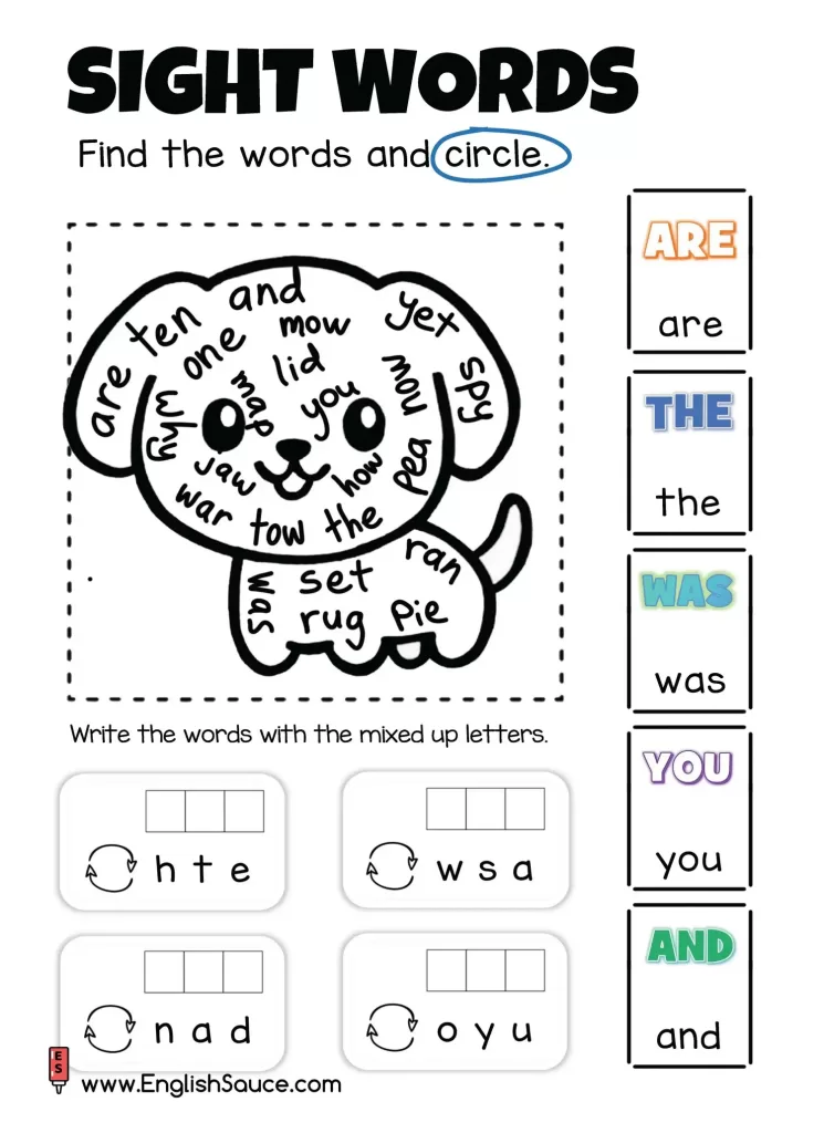 Kindergarten and beginner ESL CVC sight words word search worksheet with dog background.