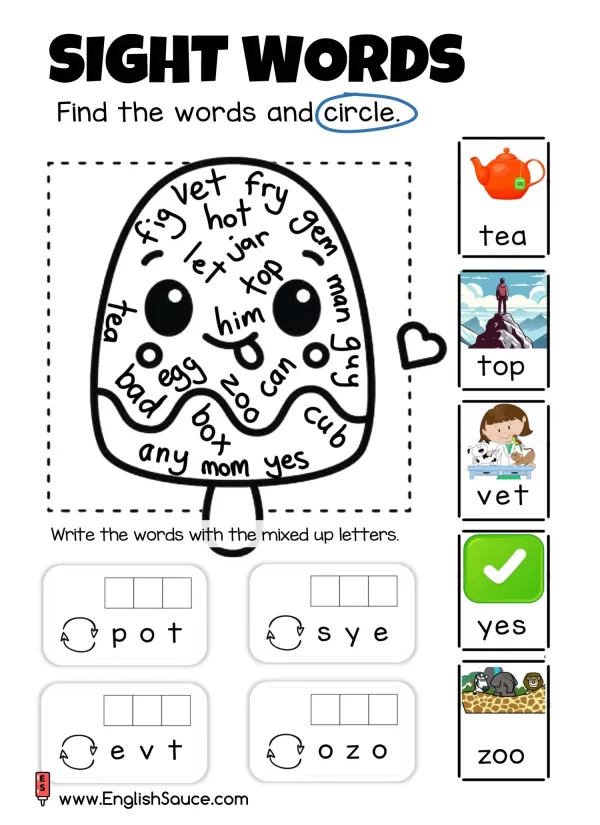 Kindergarten and beginner ESL CVC sight words word search worksheet with ice-cream background.