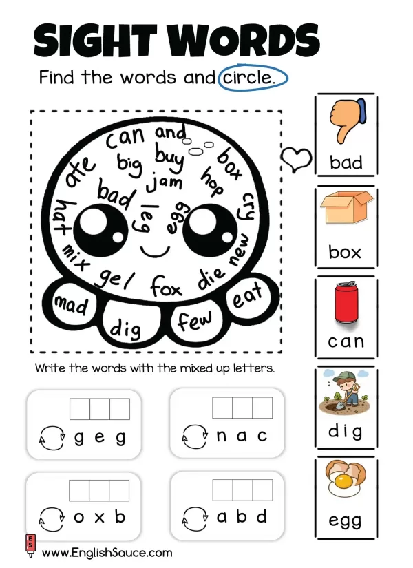 Kindergarten and beginner ESL CVC sight words word search worksheet with octopus background.