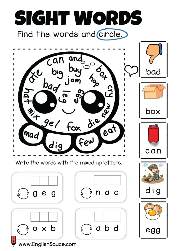 Kindergarten and beginner ESL CVC sight words word search worksheet with octopus background.