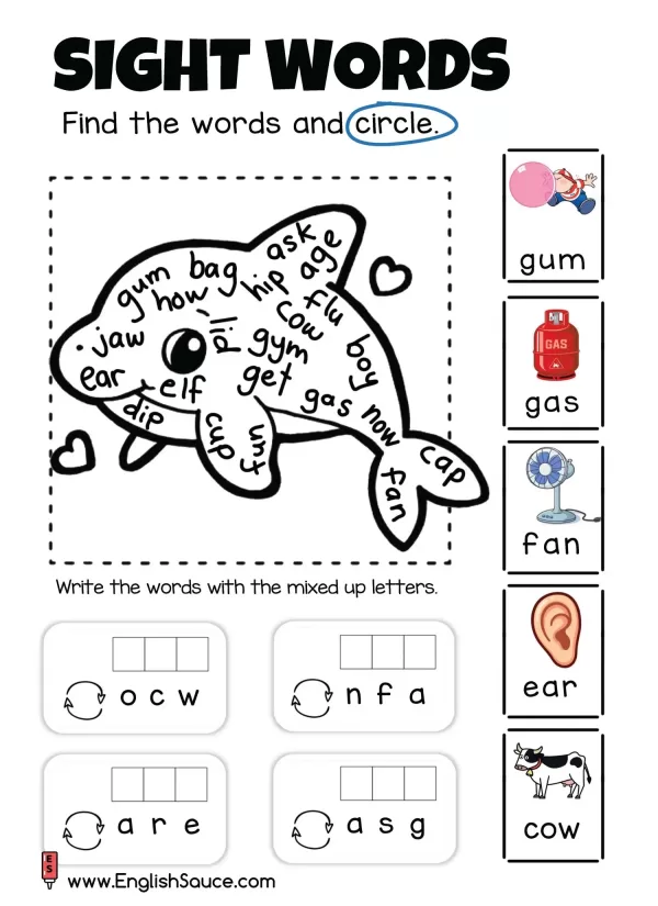 Kindergarten and beginner ESL CVC sight words word search worksheet with dolphin background.