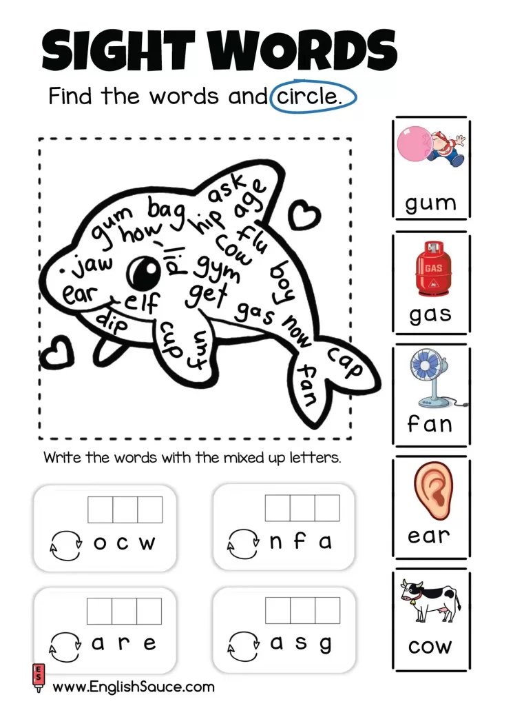 Kindergarten and beginner ESL CVC sight words word search worksheet with dolphin background.