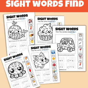 Kindergarten and beginner ESL CVC sight words word search worksheet five worksheet sample page.