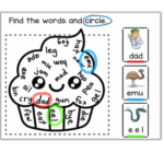 Kindergarten and beginner ESL CVC sight words word search worksheet with cupcake background example image.
