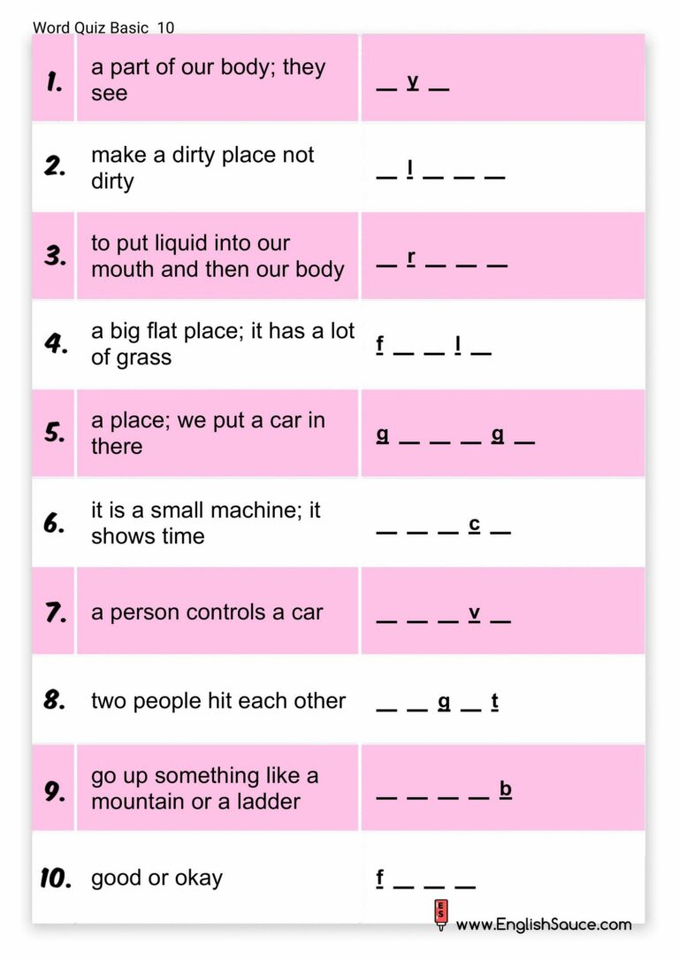 Worksheet - Vocabulary - Word Quiz - basic - 10 - EnglishSauce