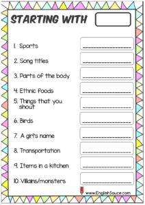 3rd grade and basic ESL vocabulary categories worksheet making 10 words with start letter d.
