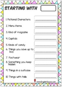 2nd grade and basic ESL vocabulary categories worksheet making 10 words with start letter t.