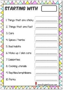 4th grade and basic ESL vocabulary categories worksheet making 10 English words with letter s.