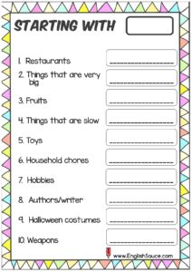 2nd grade and basic ESL word categories worksheet making 10 words with start letter e.