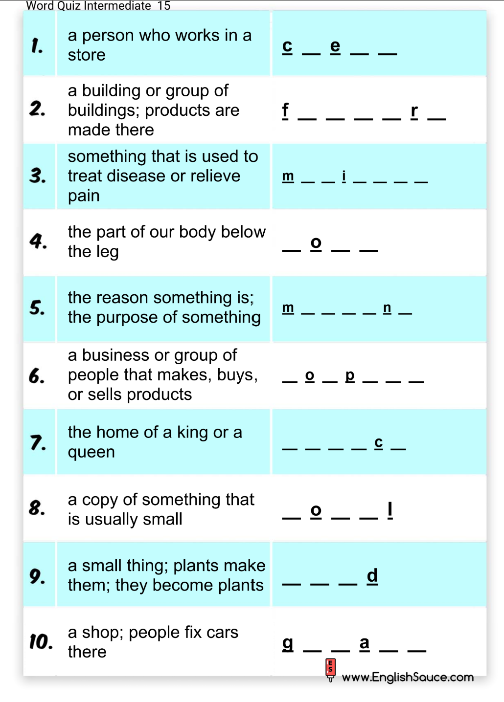 Intermediate vocabulary quiz: English learning resources and ESL materials