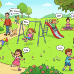 ESL park scene worksheet for describing people, actions, and practicing verb tenses