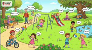 ESL park scene worksheet for describing people, actions, and practicing verb tenses