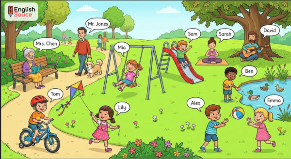 ESL park scene worksheet for describing people, actions, and practicing verb tenses