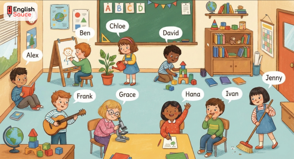 ESL classroom scene worksheet for describing people, actions, and practicing verb tenses
