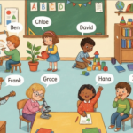 ESL classroom scene worksheet for describing people, actions, and practicing verb tenses