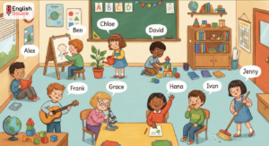 ESL classroom scene worksheet for describing people, actions, and practicing verb tenses