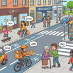 ESL city scene worksheet for describing people, actions, and practicing verb tenses