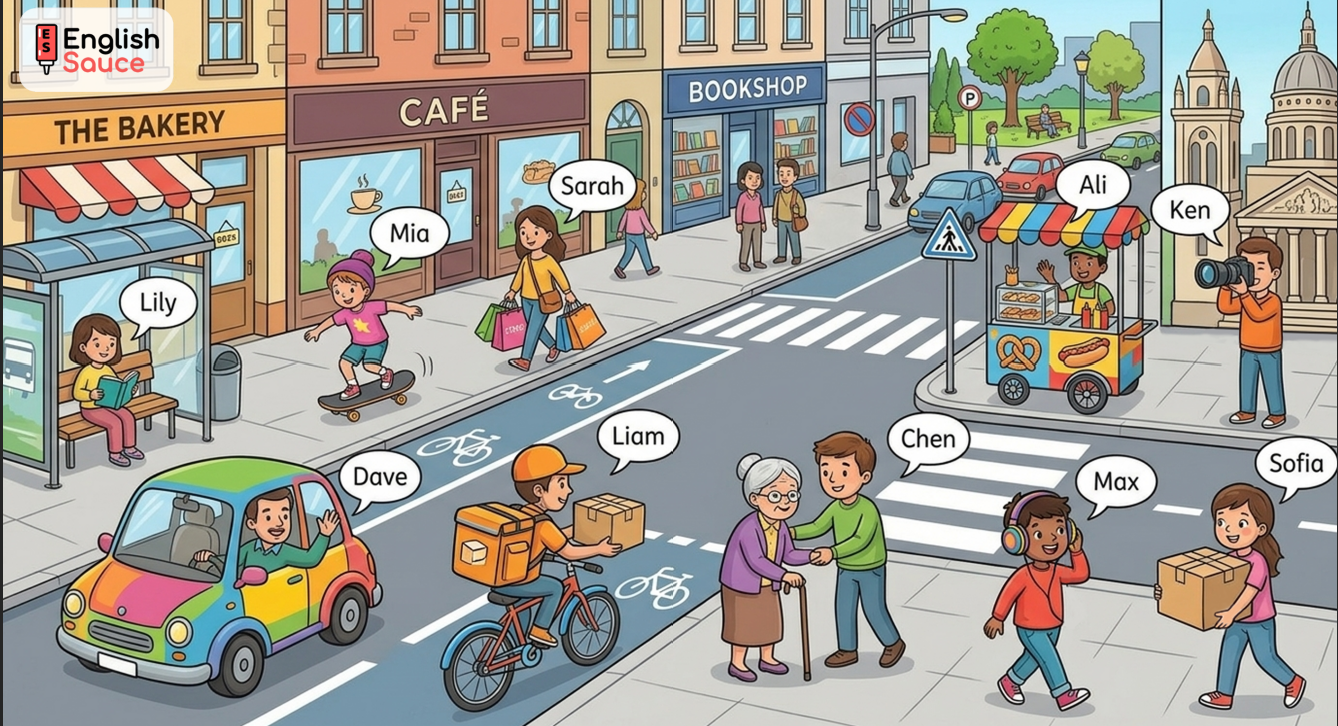 ESL city scene worksheet for describing people, actions, and practicing verb tenses