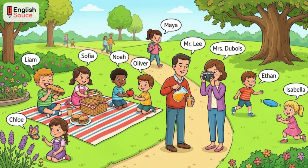 A colorful illustration of a park picnic featuring several labeled characters engaging in outdoor activities