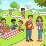A colorful illustration of a park picnic featuring several labeled characters engaging in outdoor activities