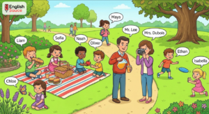 A colorful illustration of a park picnic featuring several labeled characters engaging in outdoor activities