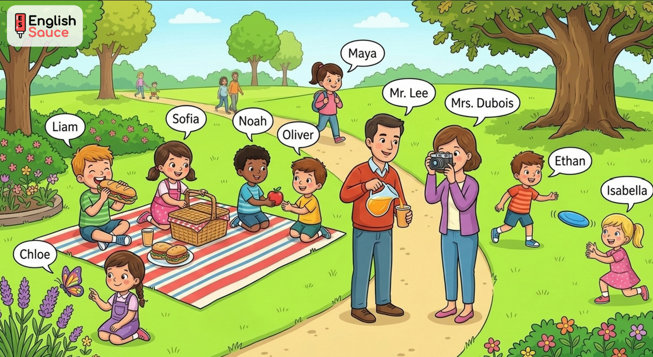 A colorful illustration of a park picnic featuring several labeled characters engaging in outdoor activities
