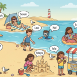 Colorful ESL beach scene illustration featuring labeled kids and adults surfing, building sandcastles, eating ice cream, swimming, and reading.