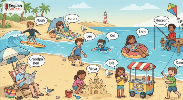 Colorful ESL beach scene illustration featuring labeled kids and adults surfing, building sandcastles, eating ice cream, swimming, and reading.