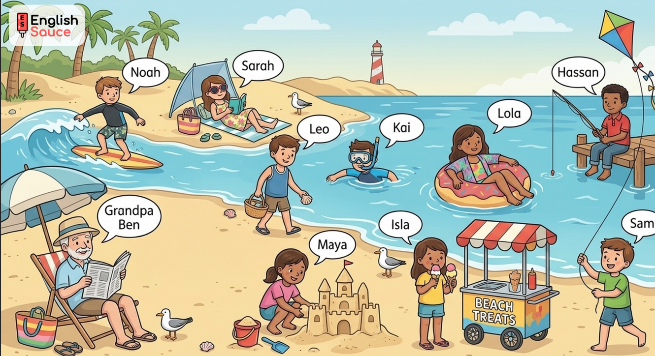 Colorful ESL beach scene illustration featuring labeled kids and adults surfing, building sandcastles, eating ice cream, swimming, and reading.